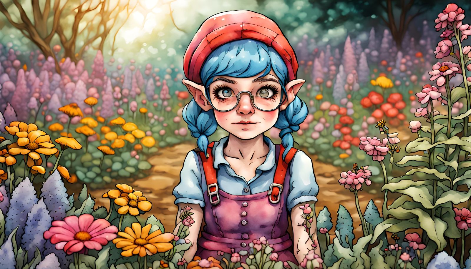 Charming Gnome Girl in Dreamcore Flower Garden