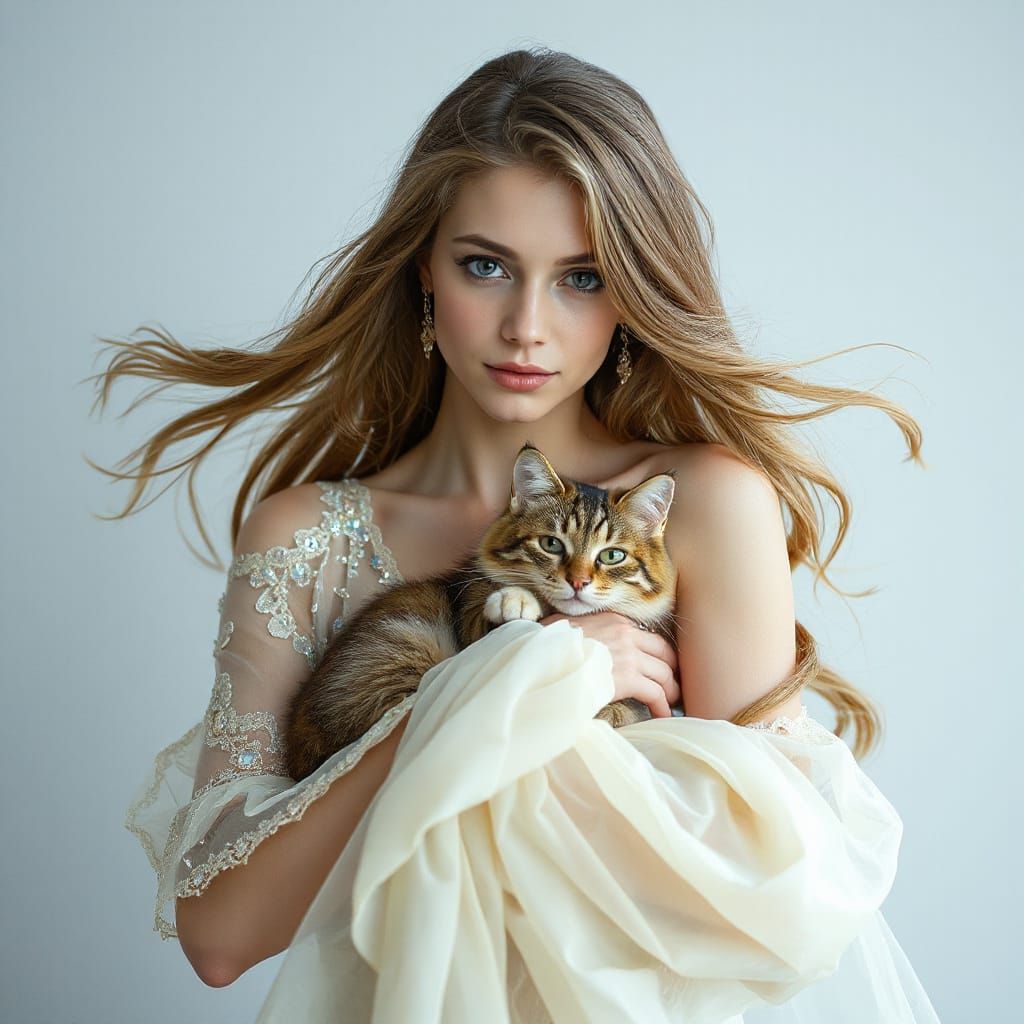 Ethereal Woman with Cat in Hyperrealistic Style
