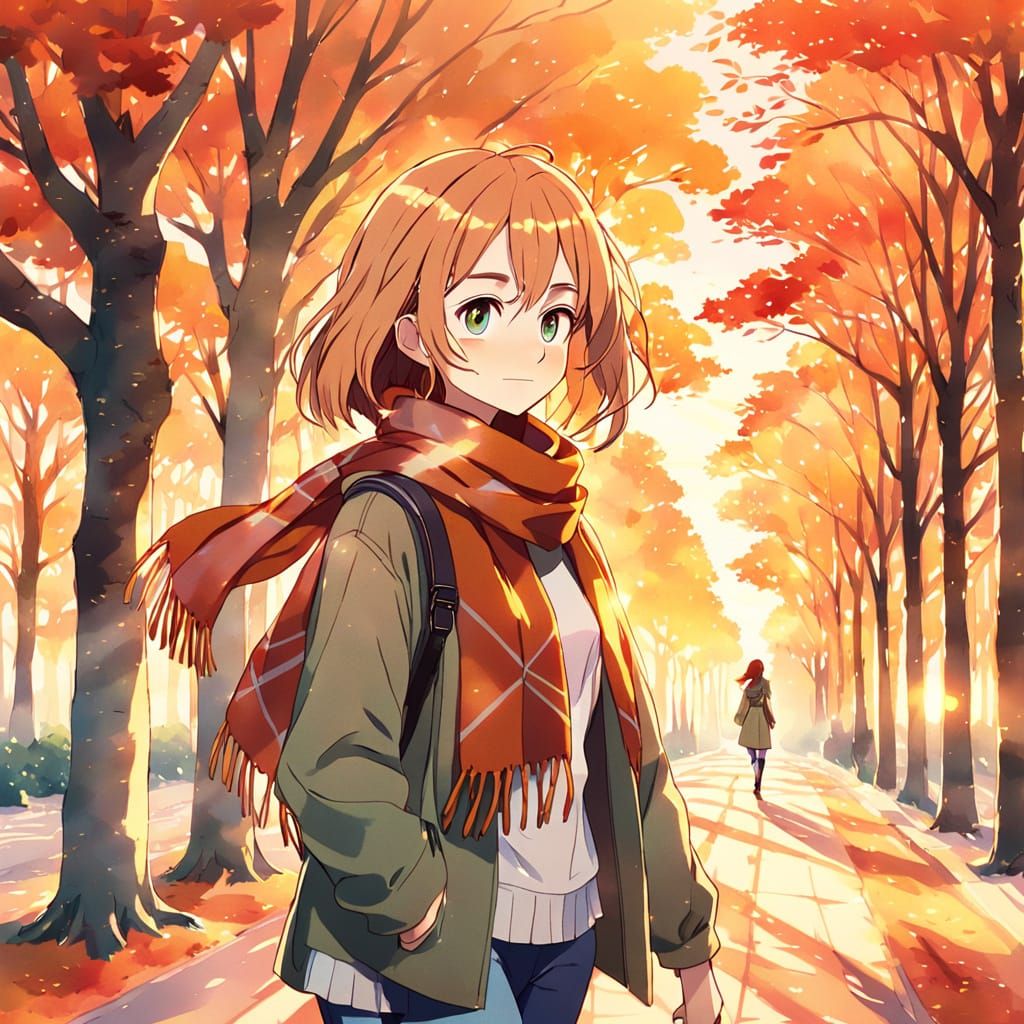 Anime Woman Walks Autumn Avenue at Sunset