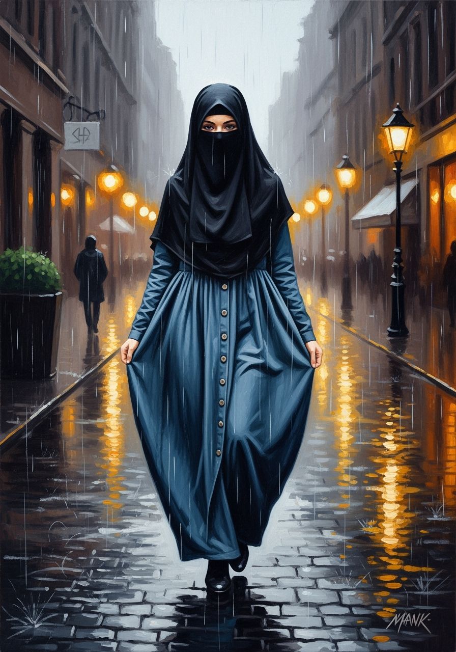 Rainy Cityscape Oil Painting of Woman in Niqab