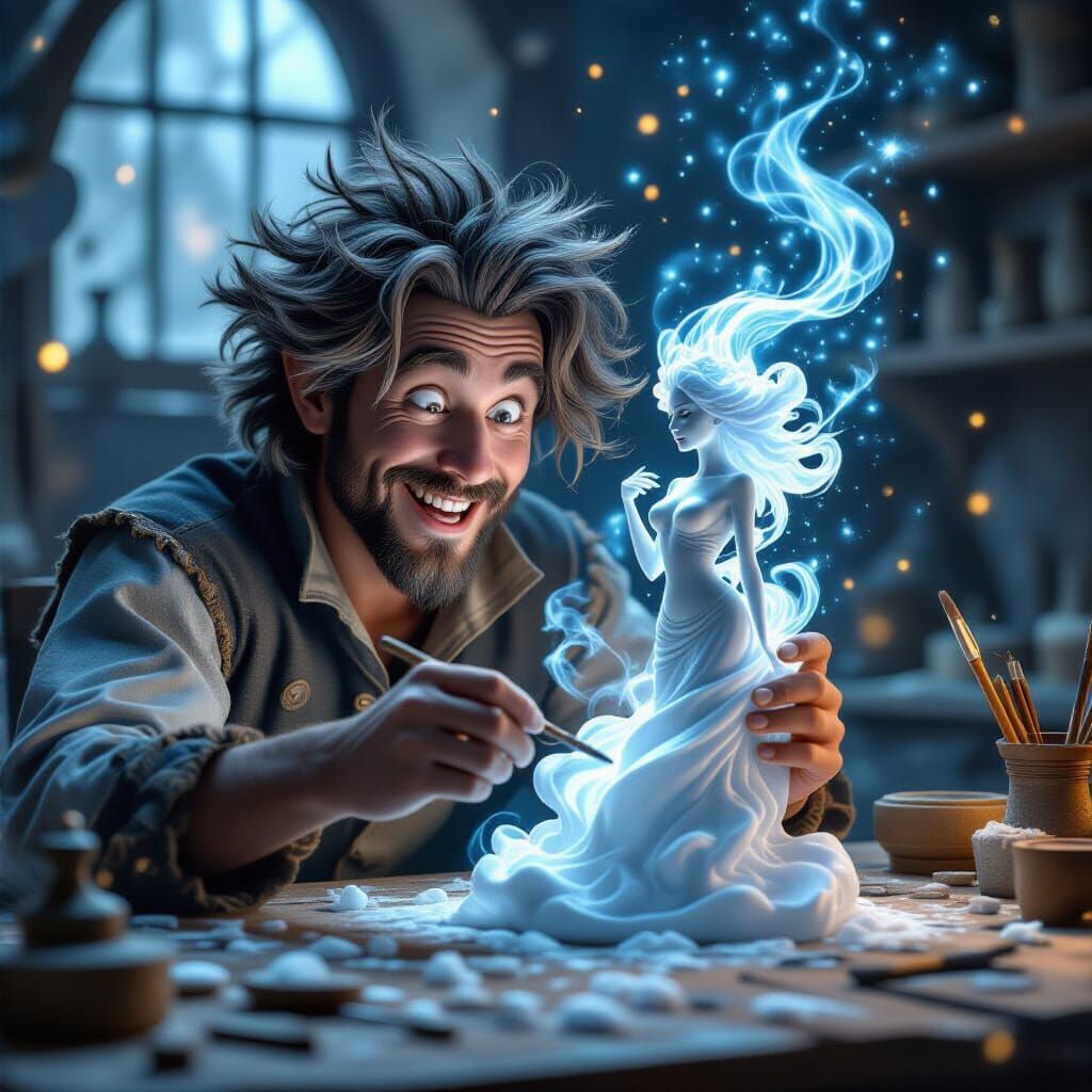 Wizard Sculptor Shapes Smoke Cloud into Woman Figure