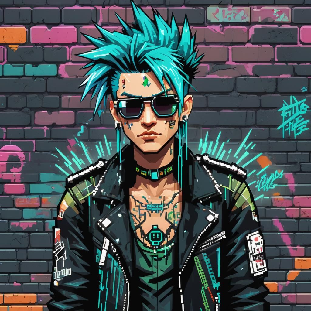an 8-bit  pixel art portrait of a futuristic punk character.