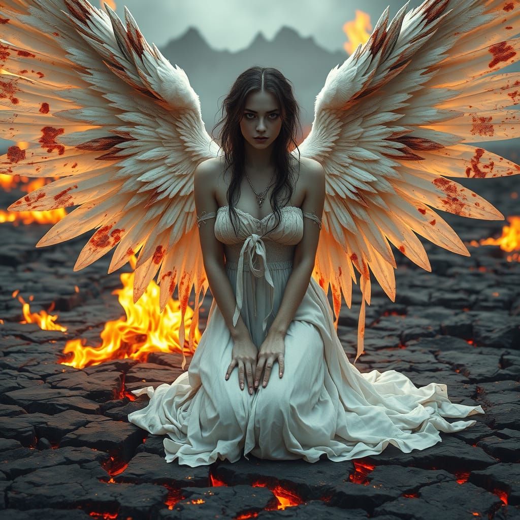 Gothic Saint Kneeling on Lava in Hellish Flames