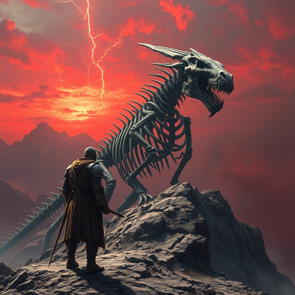 Knight and Petrified Dragon Skeleton, Dark Fantasy Art