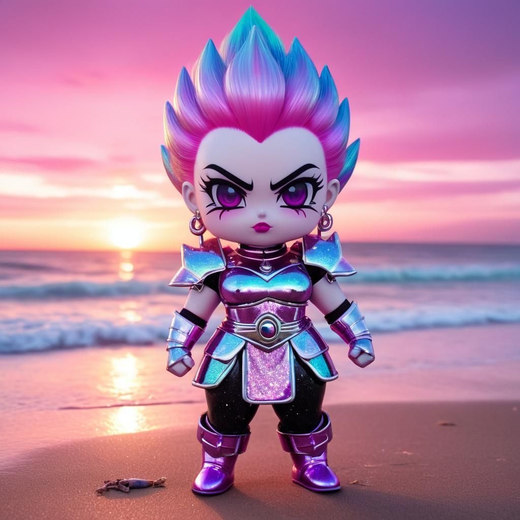 Cute Chibi Saiyan Woman on Sunset Beach