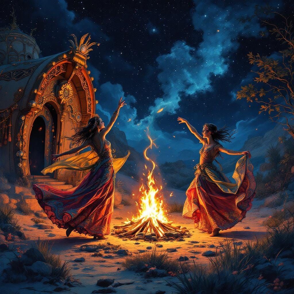 Gypsy Dancers Celebrate Under Starry Sky as Gouache Painting