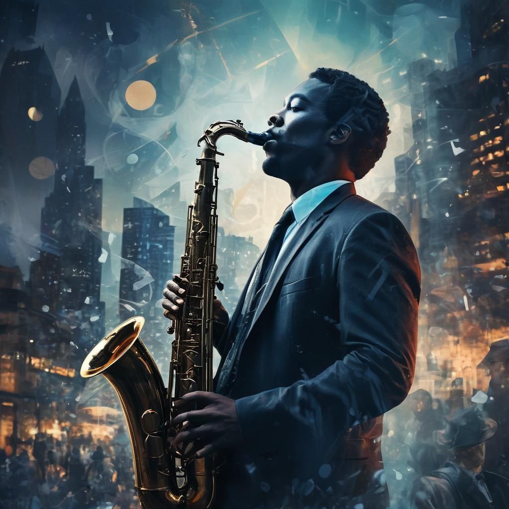 Jazz Musician in Cityscape: Fantasy Oil Illustration