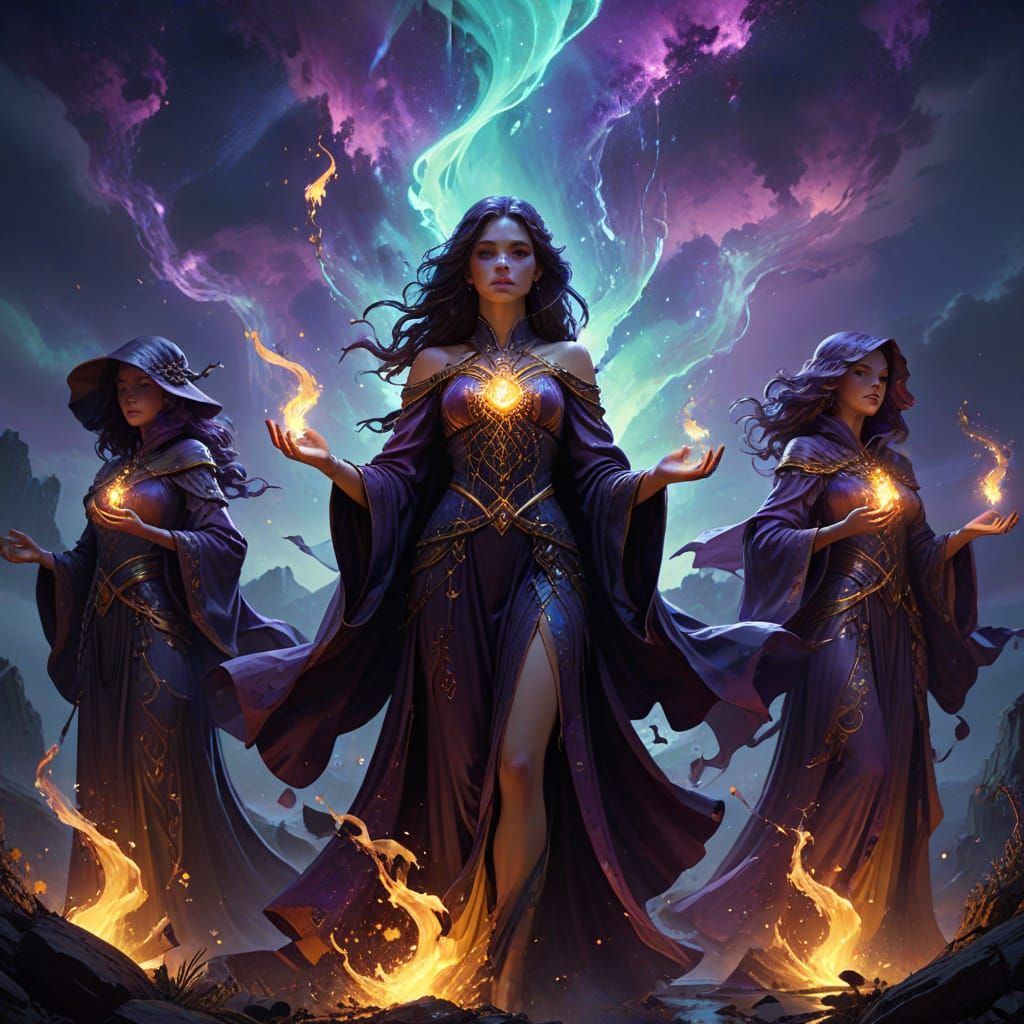Witches Casting Spells Under Aurora Sky