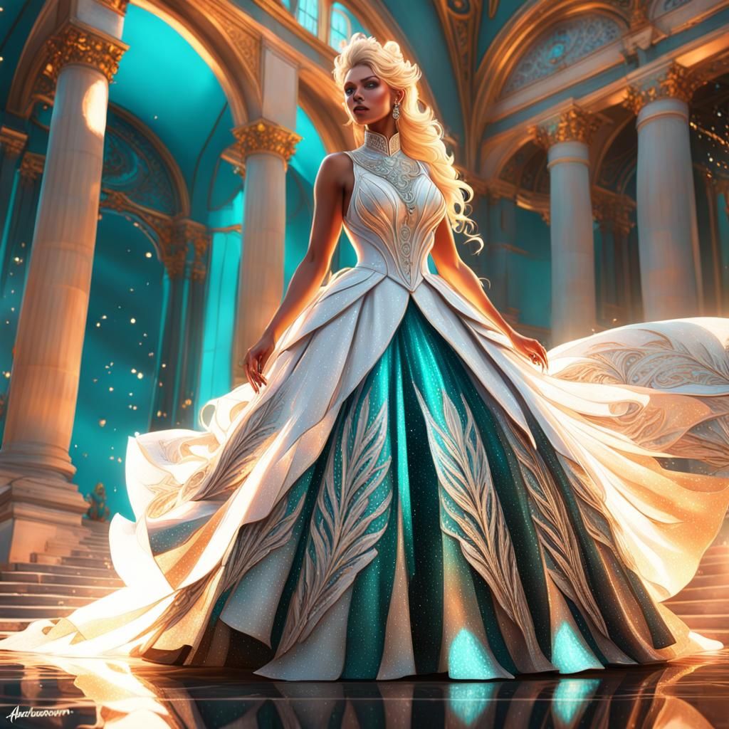 Blonde Woman in Sparkling Ballgown: Art Nouveau Portrait