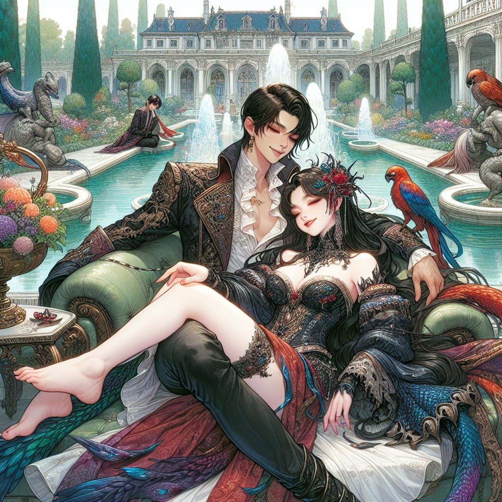 Elegant Vampire Couple in Lavish Palace Garden