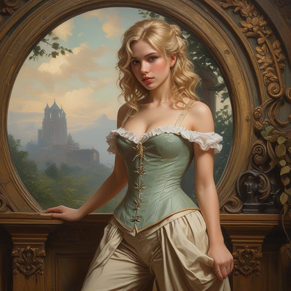 Blonde Woman in Corset: Art Nouveau Pin-Up