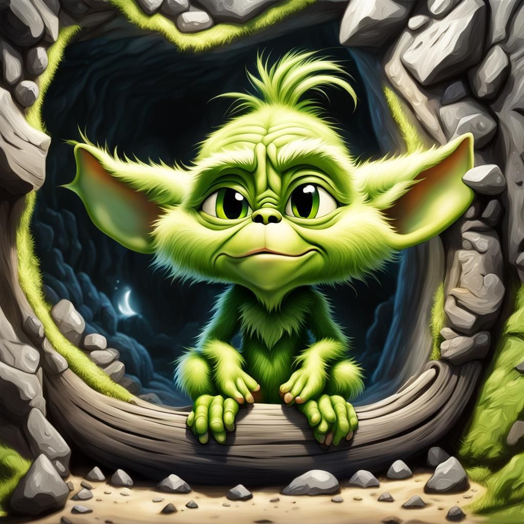 Cute Baby Grinch in Obsidian Cave: Airbrush Art