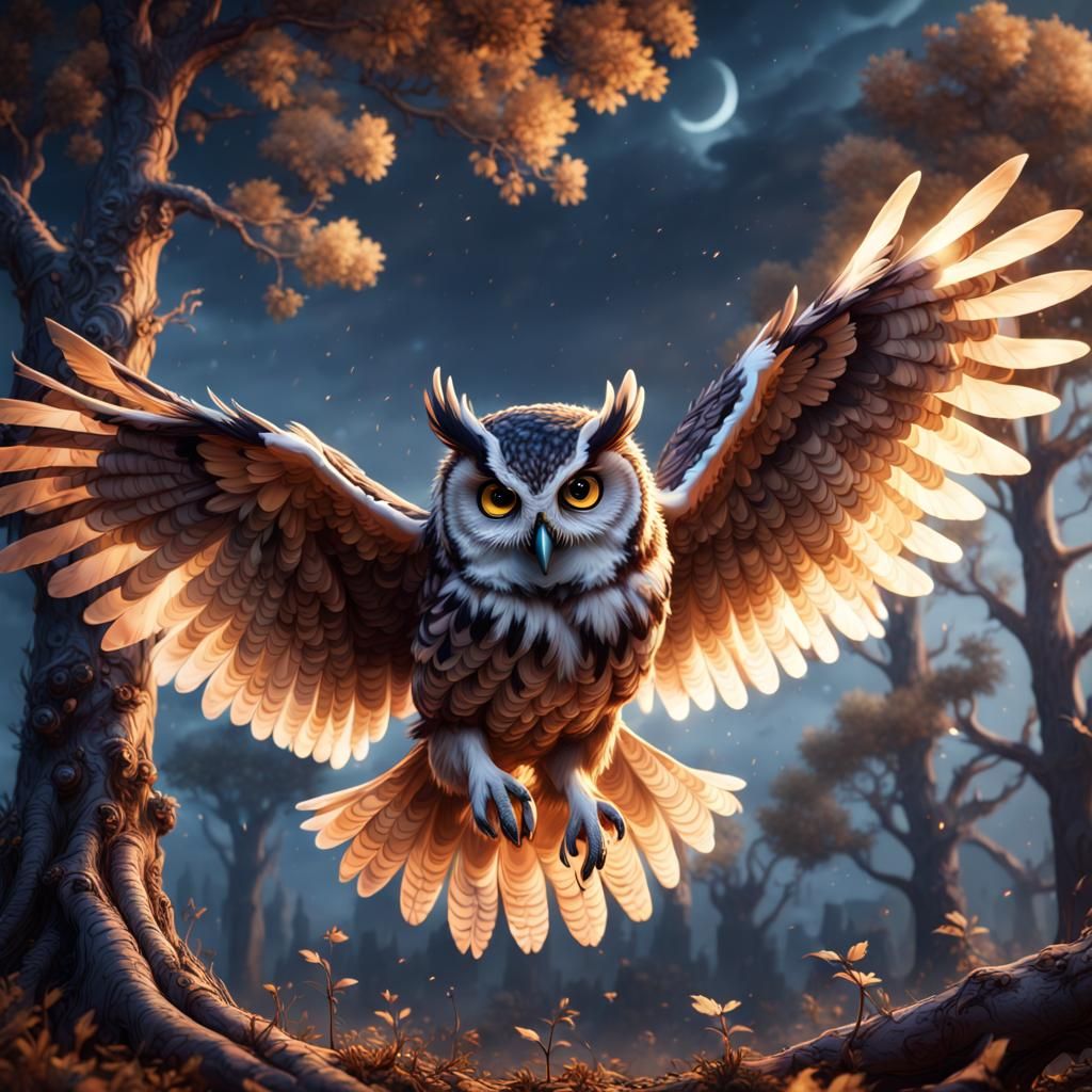 Owl Flying at Nightfall: Detailed Matte Painting