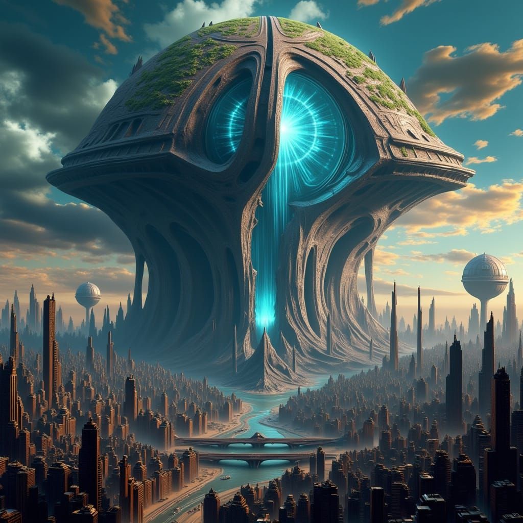 Epic Futuristic Cityscape with Ancient Structure