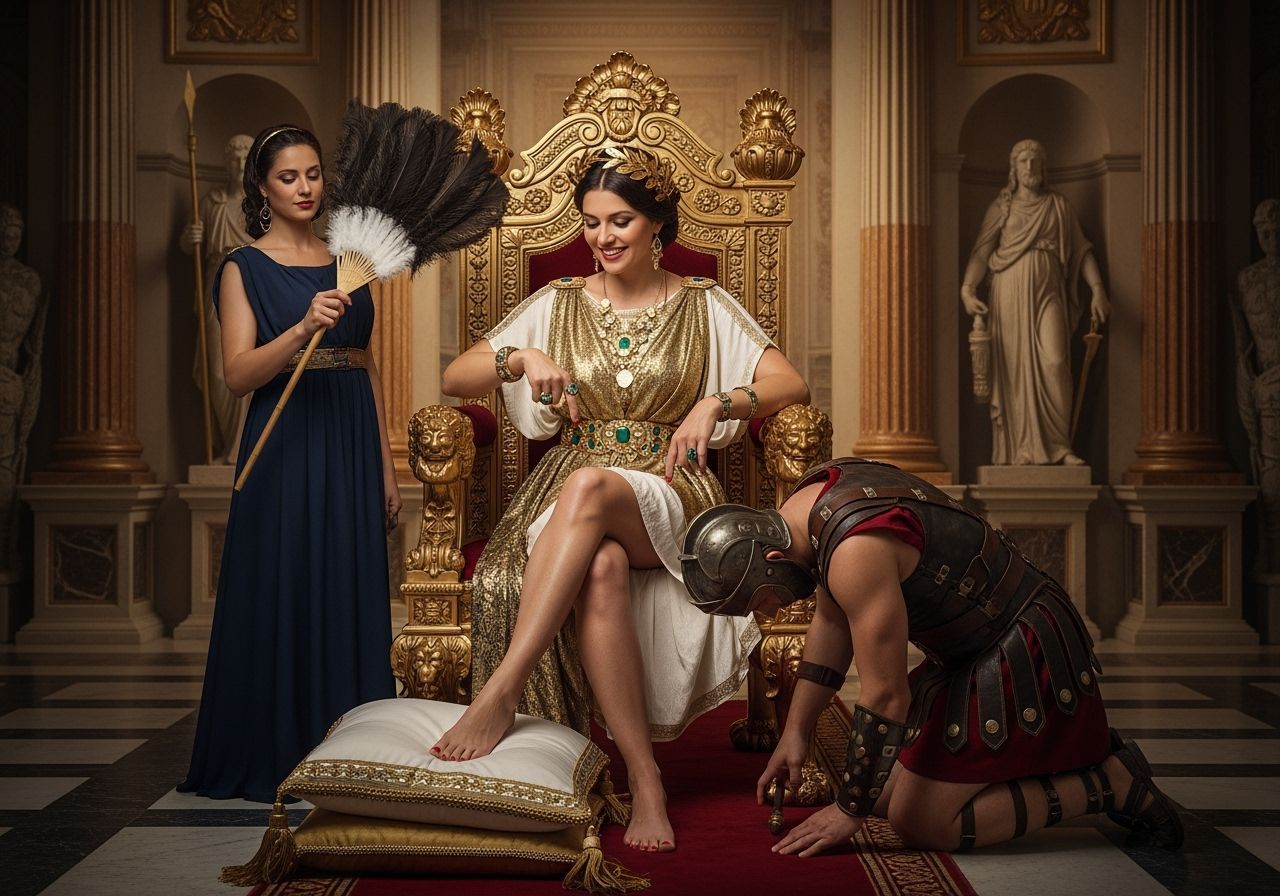 Regal Roman Empress on Gold Throne in Palace