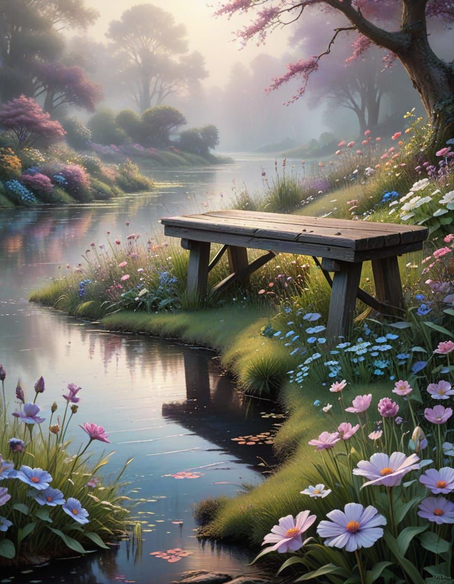 Serene Pond Bench Amidst Wildflowers in Ethereal Mist