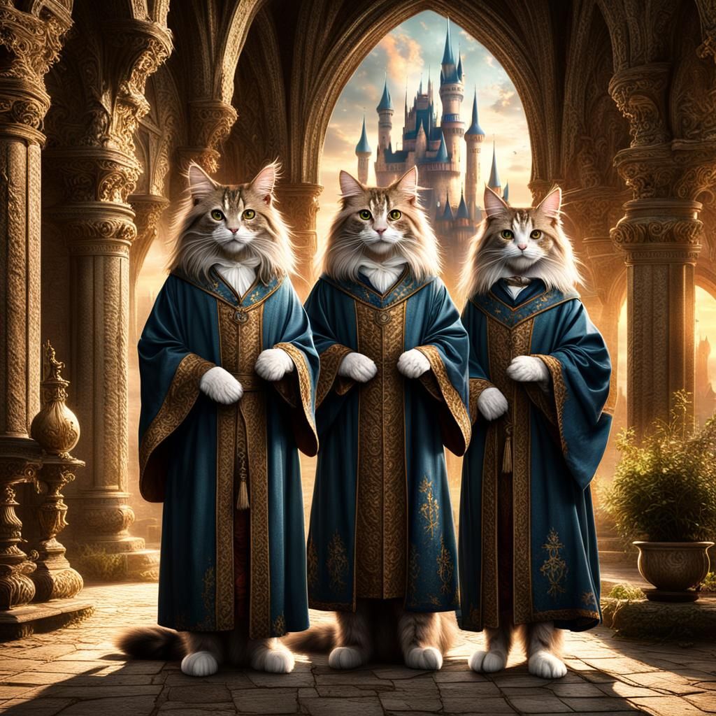 Mainecoon Cats in Wizard Robes in a Castle