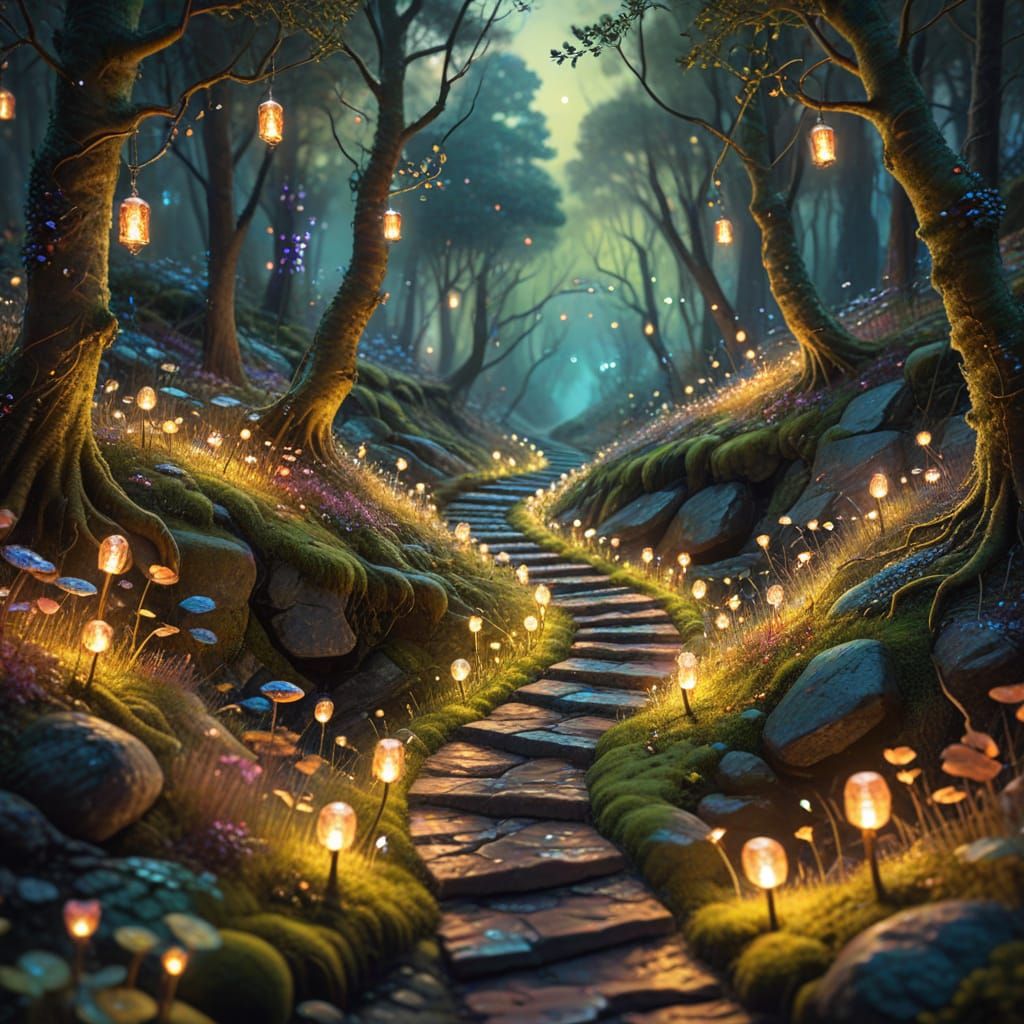 Vibrant Enchanted Forest Scene in Whimsical Fantasy Art Styl...