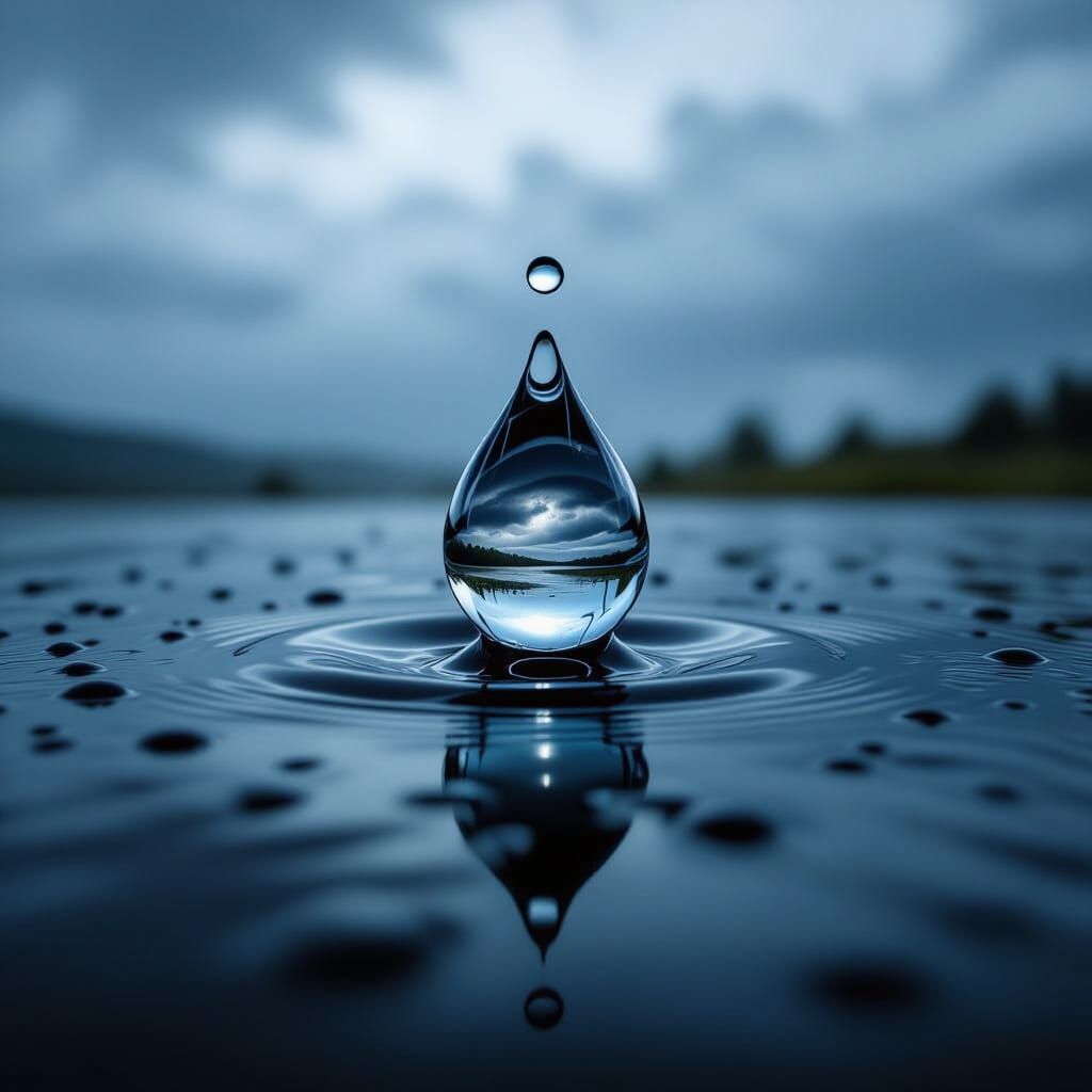 Raindrop Reflects Stormy Landscape Macro Photography