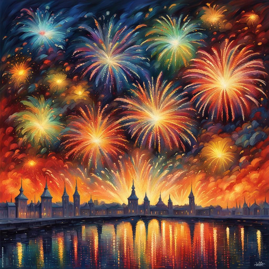 Fireworks Display in Neo-Impressionist Oil Painting Style