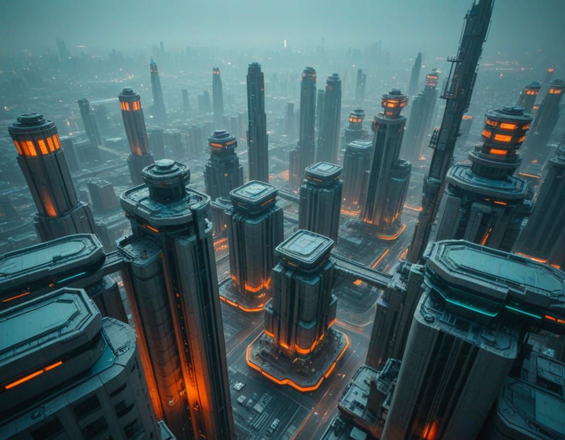 Epic Brutalist Megalopolis at Dusk