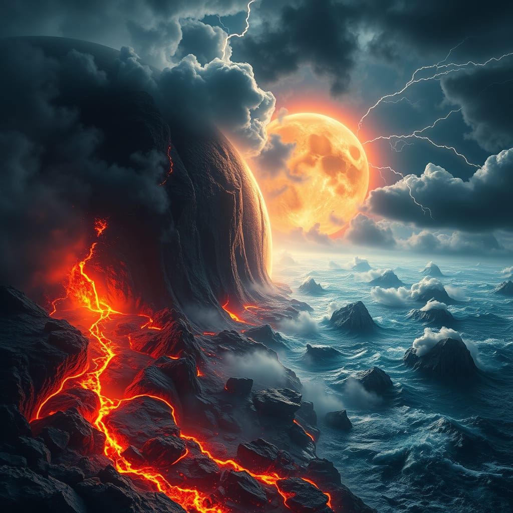 Primordial Earth in Turbulent Chaos, Digital Double Exposure