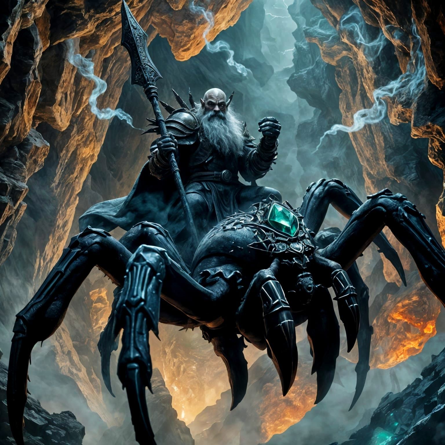 Epic Dark Dwarf Rider on a Massive Spider