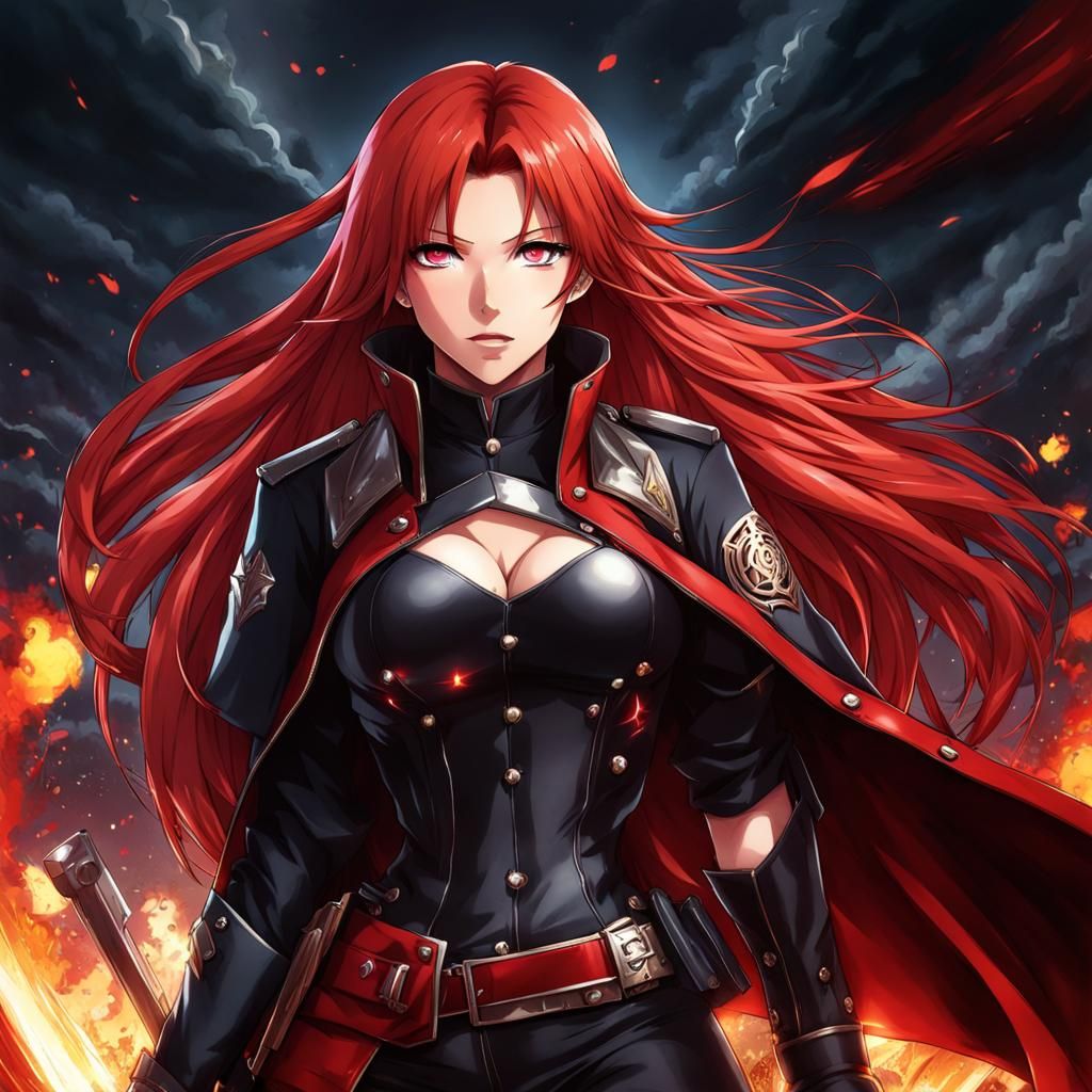 Powerful Red-Haired Warrior in Anime Style