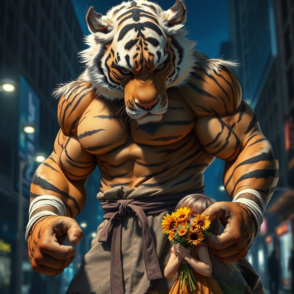 Protective Tiger-Man with Girl in Snowy City