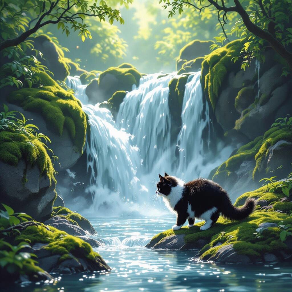 Fluffy Tuxedo Cat Near Ethereal Waterfall