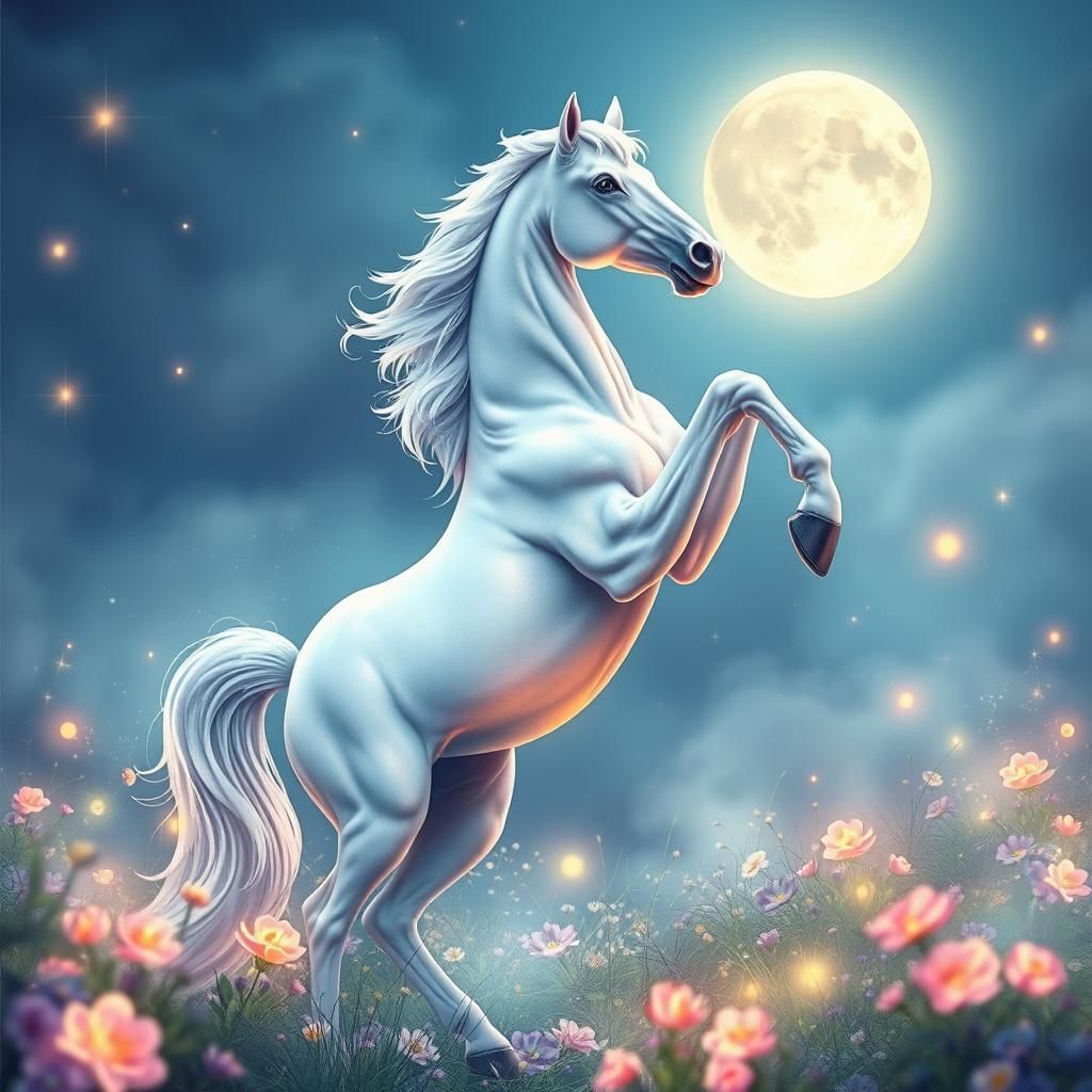 White Horse Rearing in Magical, Dreamlike Clearing