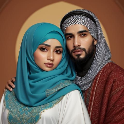 Muslim Couple Portrait in Vibrant Oil Painting Style