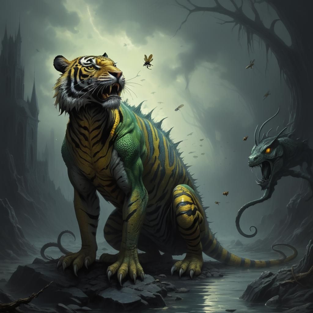 Horrific Tiger-Lizard-Wasp Fusion in Doré Style
