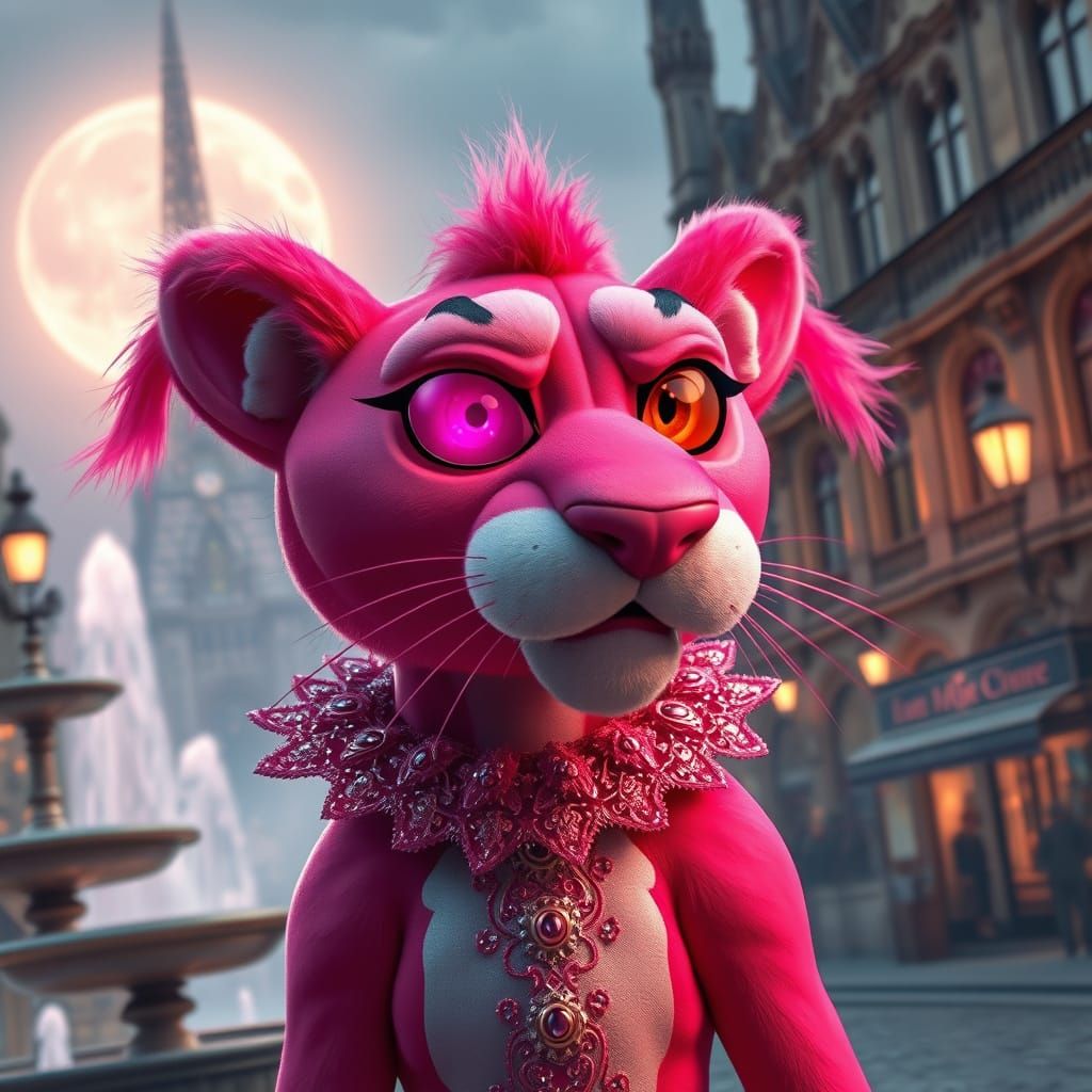 Vibrant Pink Panther in Moonlit Parisian Streetscape