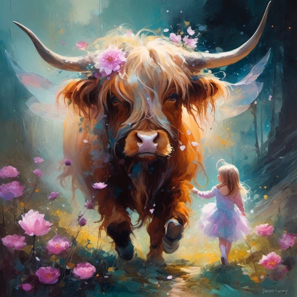 Ballerina and Highland Cow in Watercolor Landscape