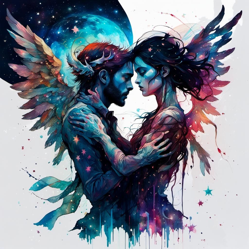Angelic Demon Dance in Cosmos: Lovecore Art