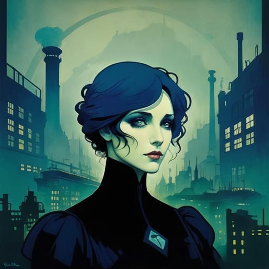 Industrial City Double Exposure Portrait in Art Deco Style