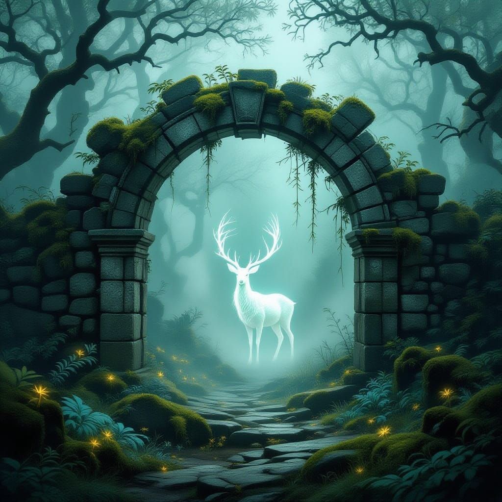 Spectral Deer Appears Through Misty Archway in Enchanted For...