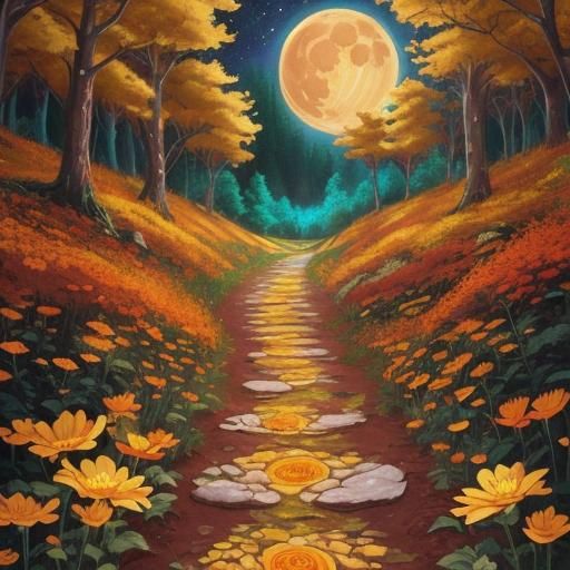 Golden Path Through Psychedelic Flower Field