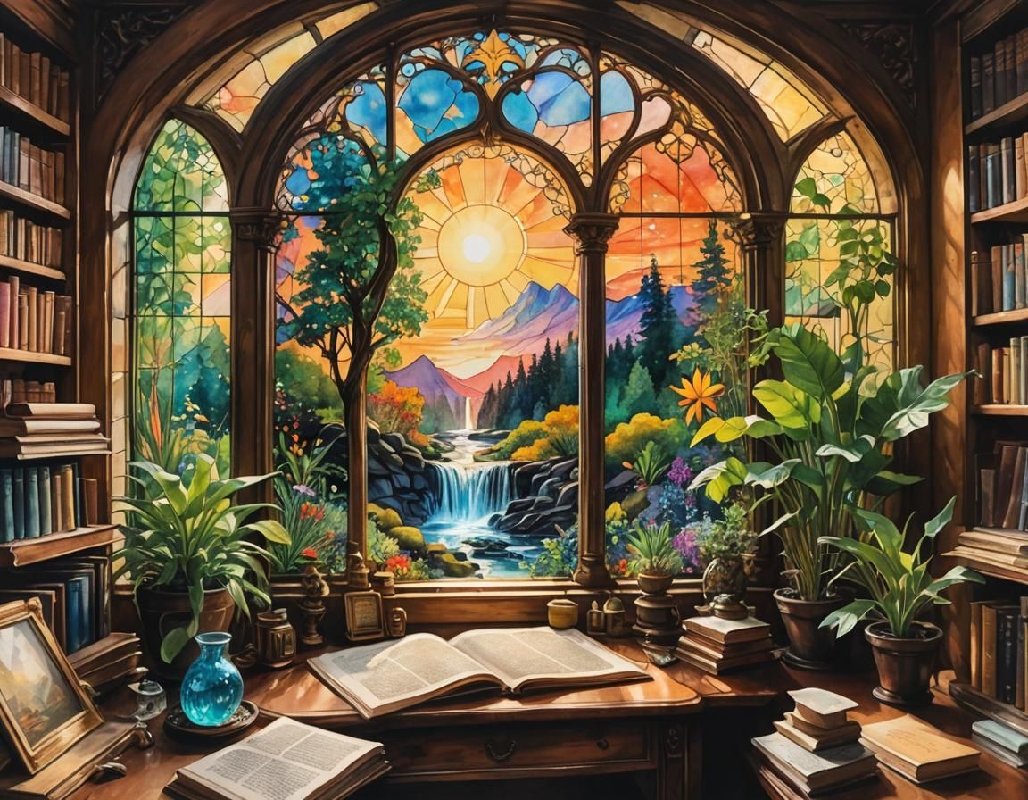 Psychedelic Garden Scene with Wizardly Desk