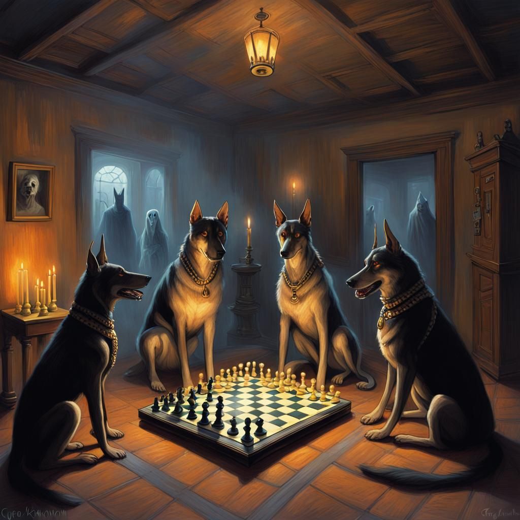 Dogs and Anubis Play Chess in Haunted House