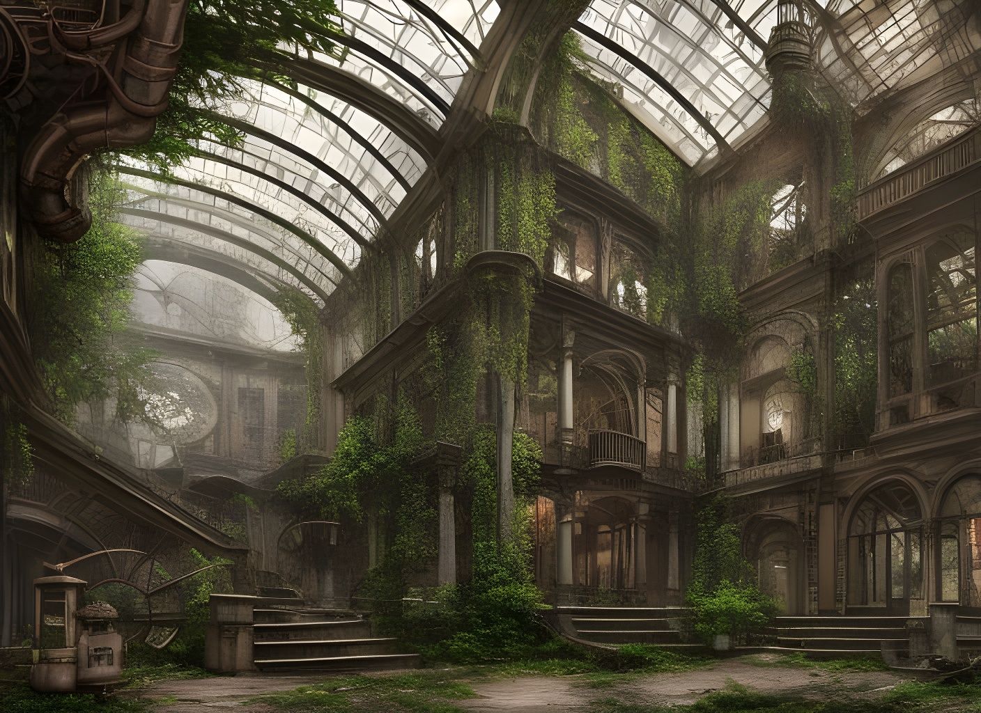 Overgrown Steampunk Atrium: Abandoned Beauty