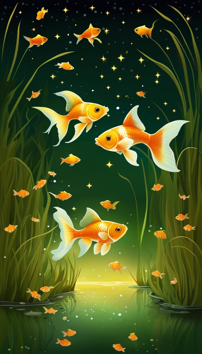 Goldfish in Starry Meadow: A Tranquil Digital Artwork