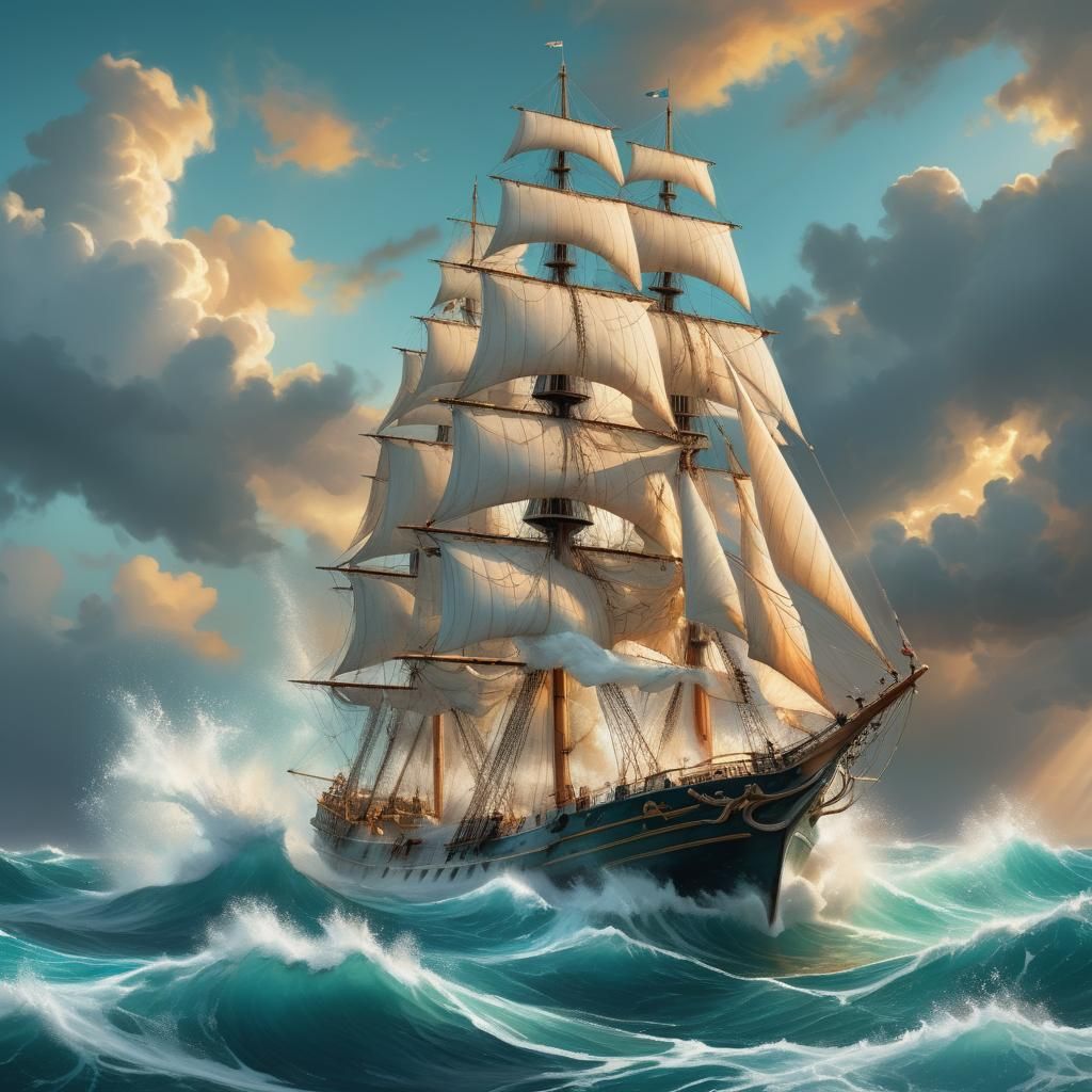 Vibrant Frigate Sails Through Turbulent Ocean in Golden Hour