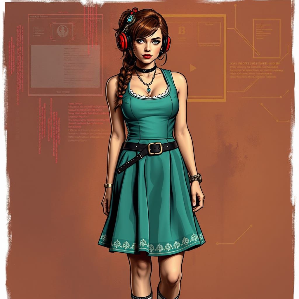 Steampunk Siren in Cyberpunk Cityscape