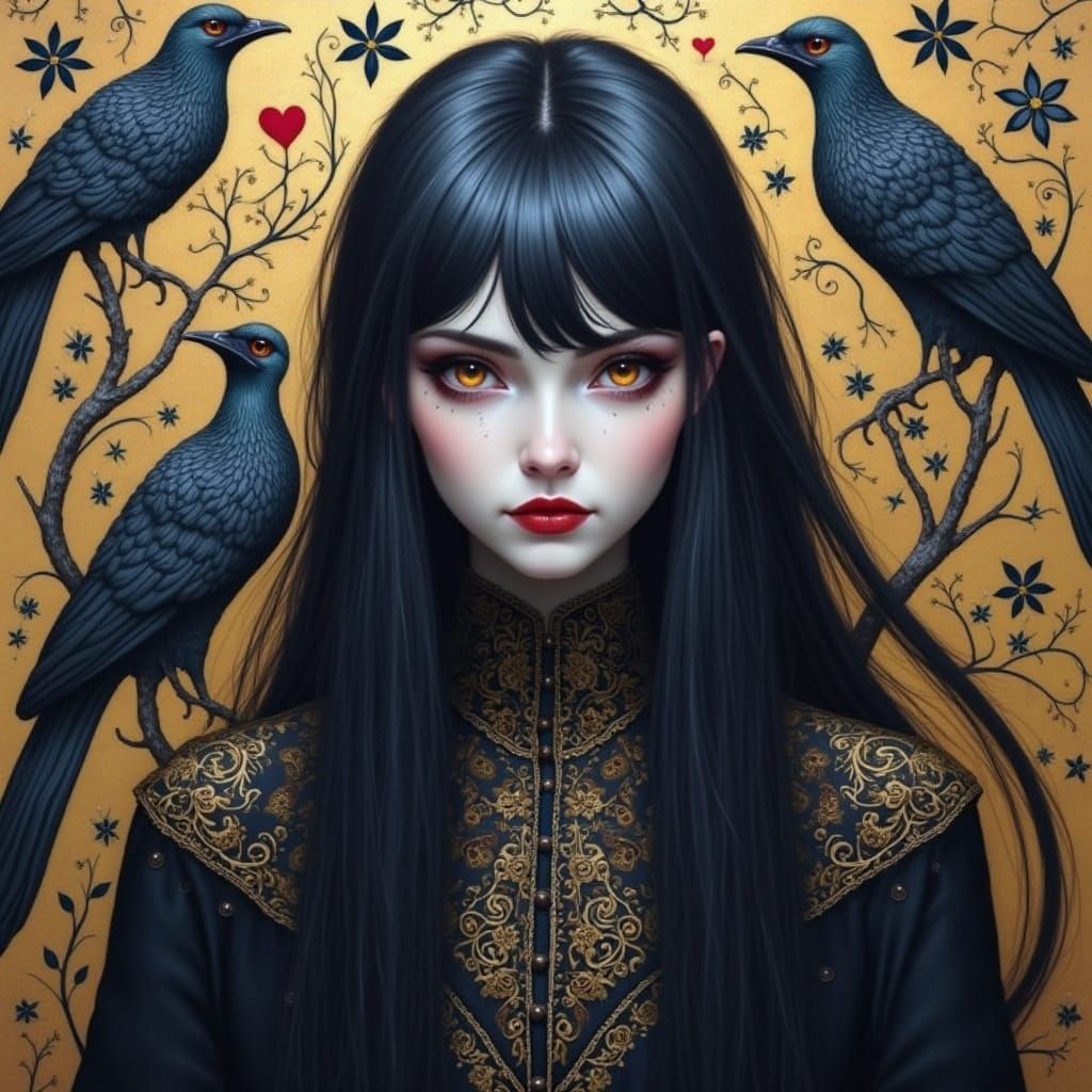 A haunting, Gothic-inspired portrait of a mysterious, raven-...