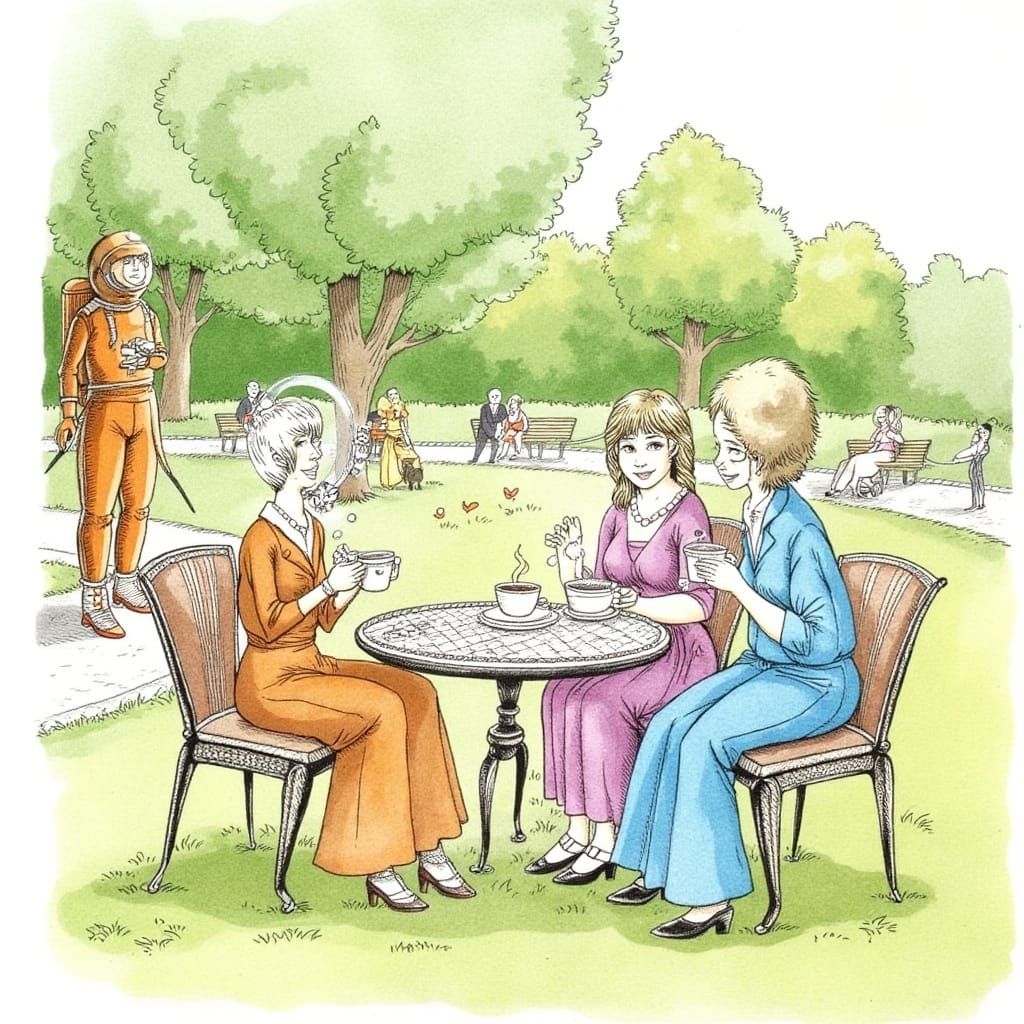 Watercolor of Ladies and Spaceman in Park Cafe