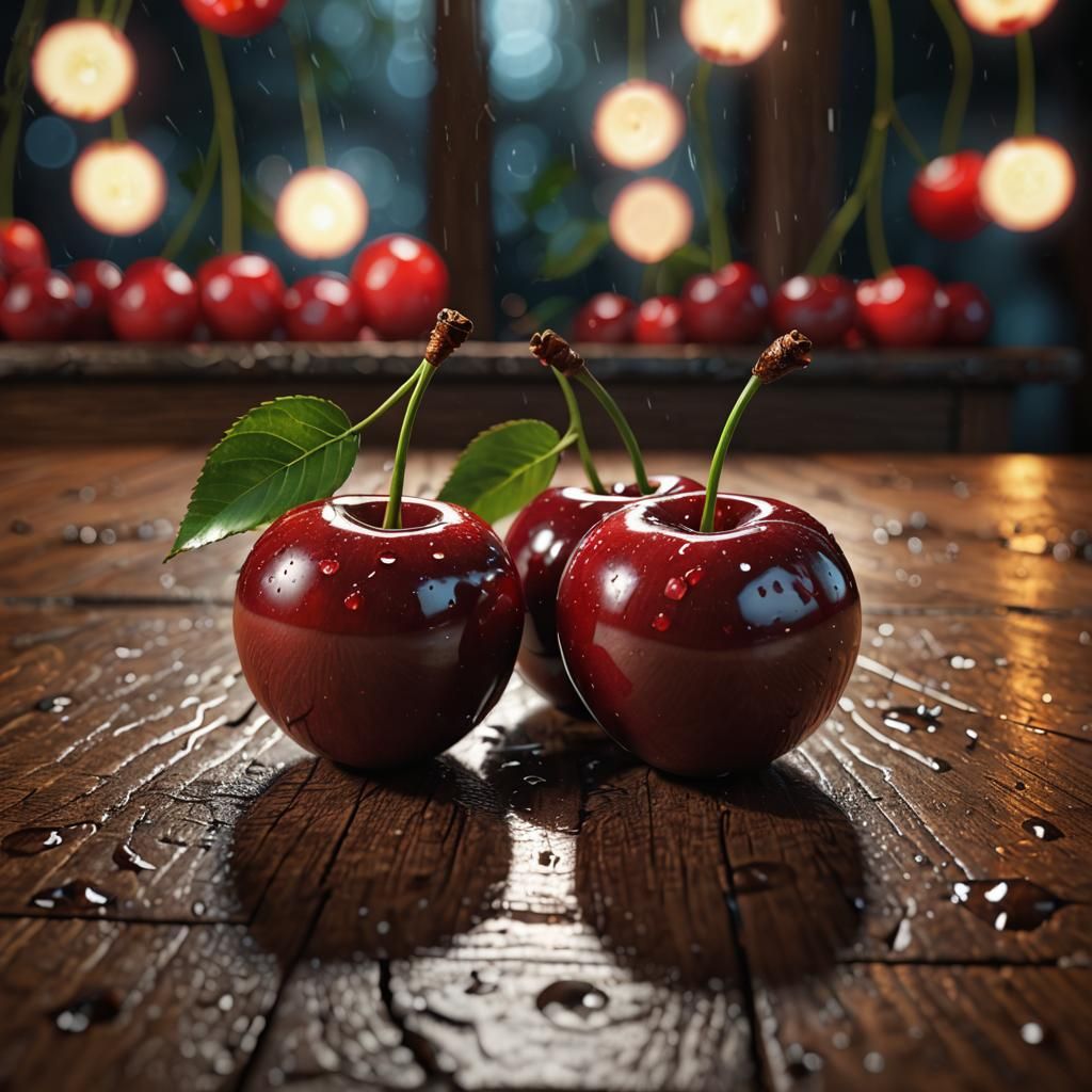 Cherries on Wood Table: Detailed Matte Painting