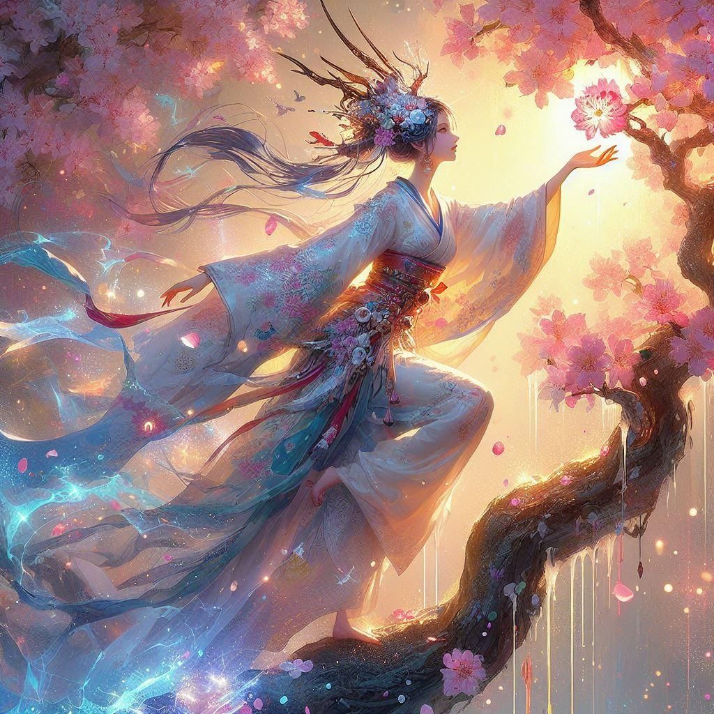 Goddess Reaching for Magic Flower in Blossom Tree