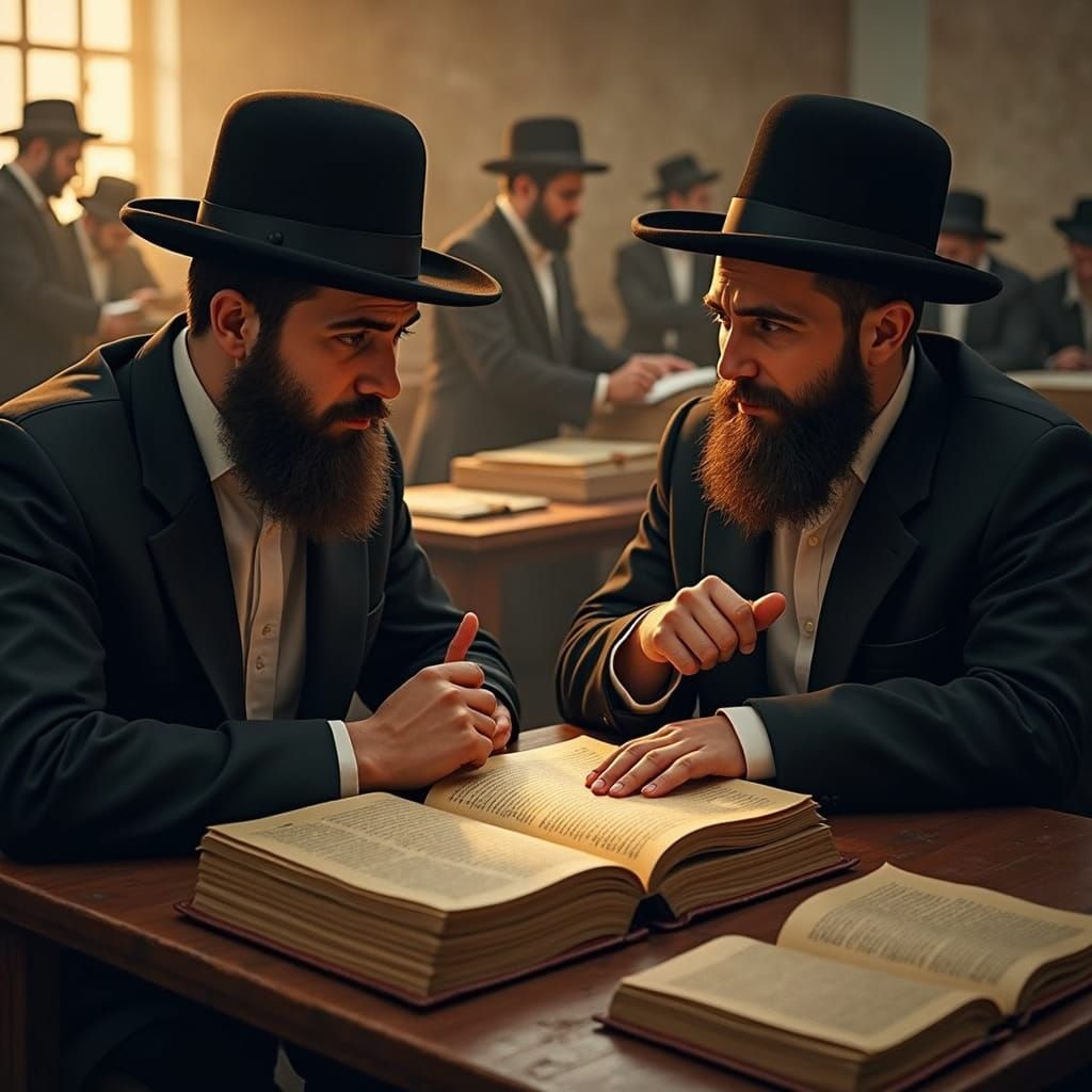 Realistic Portraits of Haredi Scholars Studying Talmud